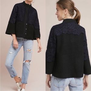 Anthropologie FIELD FLOWER Black Wool Navy Laced Bell Sleeve Sweater Jacket M